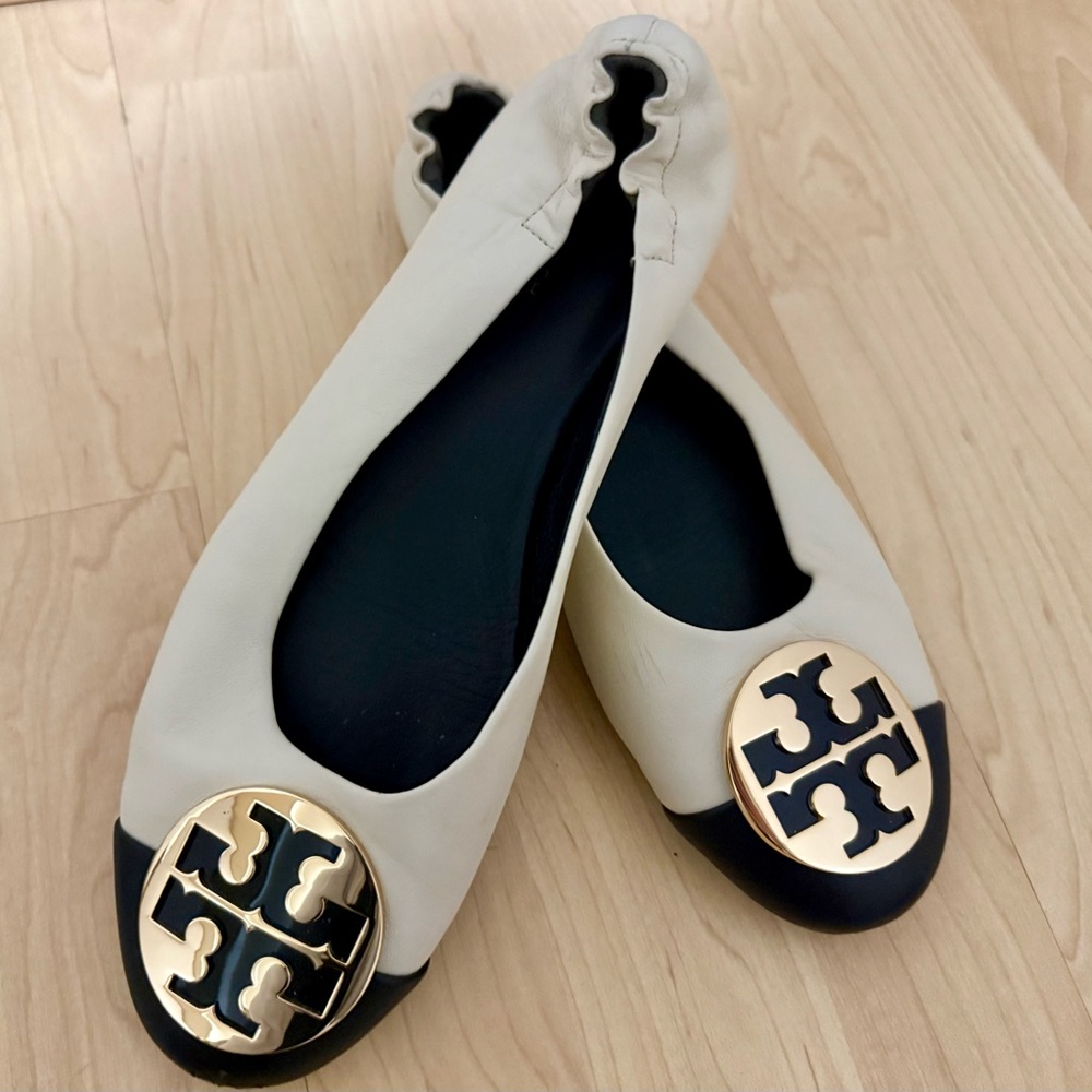 Tory Burch Cream and Black Flats with Gold Accent